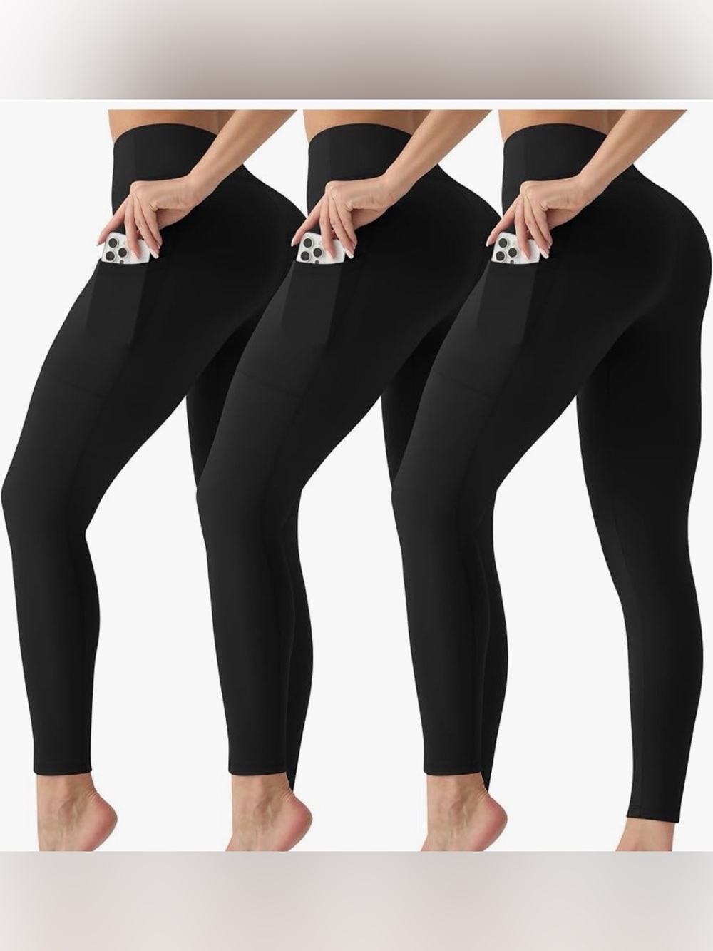 High-Waist Pocket Leggings for Women - Black (3 Pack)